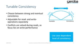 Tunable Consistency
• Choose between strong and eventual
consistency
• Adjustable for read- and writeoperations separately
• Conflicts are solved during reads, as
focus lies on write-performance

TUNABLE

Available

Consistency

Use case dependent
level of consistency
13/01/2014

Cassandra Introduction & Key Features by Philipp Potisk

9

 