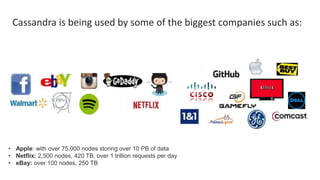 Cassandra is being used by some of the biggest companies such as:
• Apple: with over 75,000 nodes storing over 10 PB of data
• Netflix: 2,500 nodes, 420 TB, over 1 trillion requests per day
• eBay: over 100 nodes, 250 TB
 