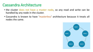 • the cluster does not have a master node, so any read and write can be
handled by any node in the cluster.
• Cassandra is known to have ‘masterless’ architecture because it treats all
nodes the same.
Cassandra Architecture
 