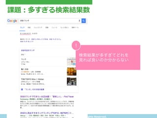 Copyright(C) &nbsp;tritrue &nbsp;Inc. &nbsp;All &nbsp;rights &nbsp;Reserved.
課題：多すぎる検索索結果数
検索結果が多すぎてどれを
見れば良いのか分からない
!
 