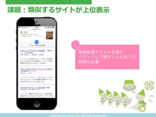 Copyright(C) &nbsp;tritrue &nbsp;Inc. &nbsp;All &nbsp;rights &nbsp;Reserved.
課題：類似するサイトが上位表⽰示
検索結果のサイトを順に
クリックして探すことに多くの
時間が必要
!
 