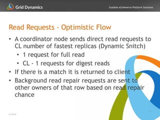 Scalable eCommerce Platform Solutions
Read Requests - Optimistic Flow
• A coordinator node sends direct read requests to
CL number of fastest replicas (Dynamic Snitch)
• 1 request for full read
• CL - 1 requests for digest reads
• If there is a match it is returned to client
• Background read repair requests are sent to
other owners of that row based on read repair
chance
11
2/14/14
 