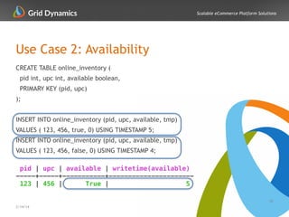 Scalable eCommerce Platform Solutions
Use Case 2: Availability
30
2/14/14
CREATE TABLE online_inventory (
pid int, upc int, available boolean,
PRIMARY KEY (pid, upc)
);
!
INSERT INTO online_inventory (pid, upc, available, tmp)
VALUES ( 123, 456, true, 0) USING TIMESTAMP 5;
INSERT INTO online_inventory (pid, upc, available, tmp)
VALUES ( 123, 456, false, 0) USING TIMESTAMP 4;
!
pid | upc | available | writetime(available)
-----+-----+-----------+----------------------
123 | 456 | True | 5
 