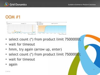 Scalable eCommerce Platform Solutions
OOM #1
• select count (*) from product limit 75000000;
• wait for timeout
• hmm, try again (arrow up, enter)
• select count (*) from product limit 75000000;
• wait for timeout
• again
38
2/14/14
 