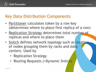 Scalable eCommerce Platform Solutions
Key Data Distribution Components
• Partitioner calculates token by a row key
(determines where to place first replica of a row)
• Replication Strategy determines total number of
replicas and where to place them
• Snitch defines network topology such as location
of nodes grouping them by racks and data
centers. Used by
• Replication Strategy
• Routing Requests (+Dynamic Snitch)
9
2/14/14
 