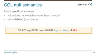 CQL null semantics! 
@doanduyhai 
18 
Reading null value means 
• value does not exist (has never bean created) 
• value deleted (tombstone) 
SELECT age FROM users WHERE login = ddoan; à NULL 
 