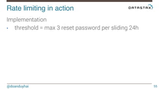 Rate limiting in action! 
@doanduyhai 
55 
Implementation 
• threshold = max 3 reset password per sliding 24h 
 