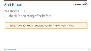 Anti Fraud! 
@doanduyhai 
60 
Cassandra TTL 
• check for existing offer before 
SELECT count(*) FROM user_special_offer WHERE login = ‘jdoe’; 
 