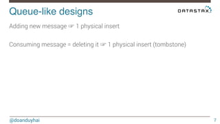 Queue-like designs! 
@doanduyhai 
7 
Adding new message ☞ 1 physical insert 
Consuming message = deleting it ☞ 1 physical insert (tombstone) 
 