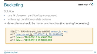 Bucketing! 
Solution 
• use IN clause on partition key component 
• with range condition on date column 
☞ date column should be monotonic function (increasing/decreasing) 
@doanduyhai 
73 
SELECT * FROM sensor_data WHERE sensor_id = xxx 
AND date_bucket IN (2014091014 , 2014091015) 
AND date >= ‘2014-09-10 14:45:00.000‘ 
AND date <= ‘2014-09-10 15:10:00.000‘ 
 