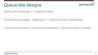 Queue-like designs! 
@doanduyhai 
8 
Adding new message ☞ 1 physical insert 
Consuming message = deleting it ☞ 1 physical insert (tombstone) 
Transactional queue = re-inserting messages ☞ physical insert * <many> 
 