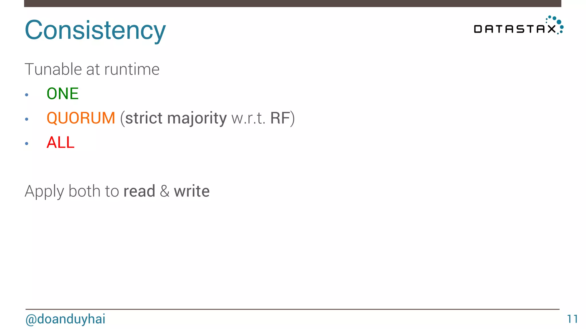 Consistency! 
@doanduyhai 
11 
Tunable at runtime 
• ONE 
• QUORUM (strict majority w.r.t. RF) 
• ALL 
Apply both to read & write 
 