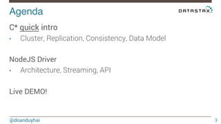 Agenda! 
@doanduyhai 
3 
C* quick intro 
• Cluster, Replication, Consistency, Data Model 
NodeJS Driver 
• Architecture, Streaming, API 
Live DEMO! 
 