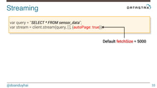 API! 
@doanduyhai 
33 
Insert/Update 
var query = ‘’INSERT INTO sensor_data(id,date,value) VALUES(?, ?, ?)’’; 
client.query(query, 
[‘mySensor’, ‘2014-10-15 12:00:00’, 34.5], 
{prepare: true, consistency: cassandra.types.consistencies.one}, 
function(err) { //error handling }); 
 