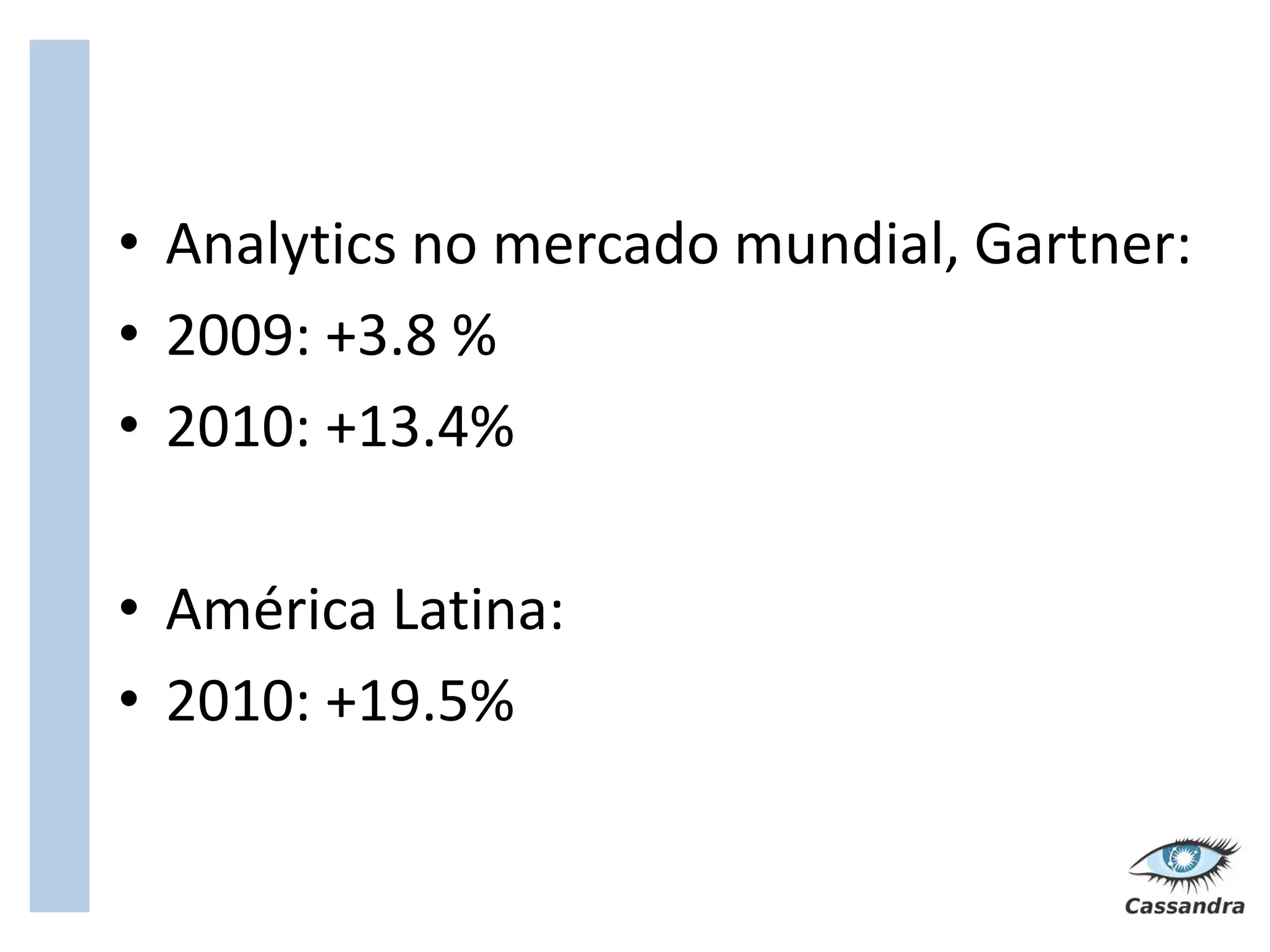 • Analytics no mercado mundial, Gartner:
• 2009: +3.8 %
• 2010: +13.4%

• América Latina:
• 2010: +19.5%
 