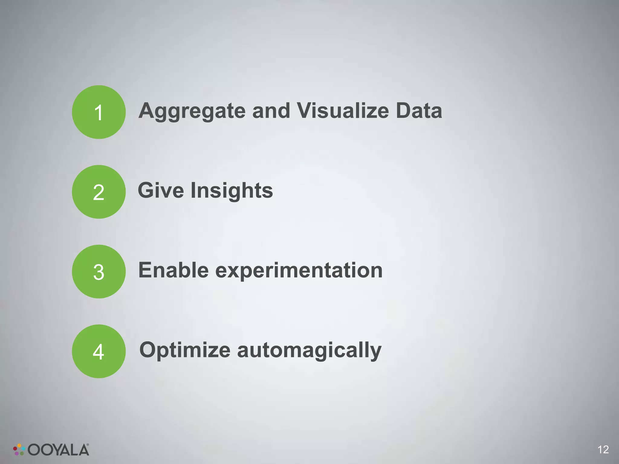 1   Aggregate and Visualize Data


2   Give Insights


3   Enable experimentation


4   Optimize automagically



                                   12
 