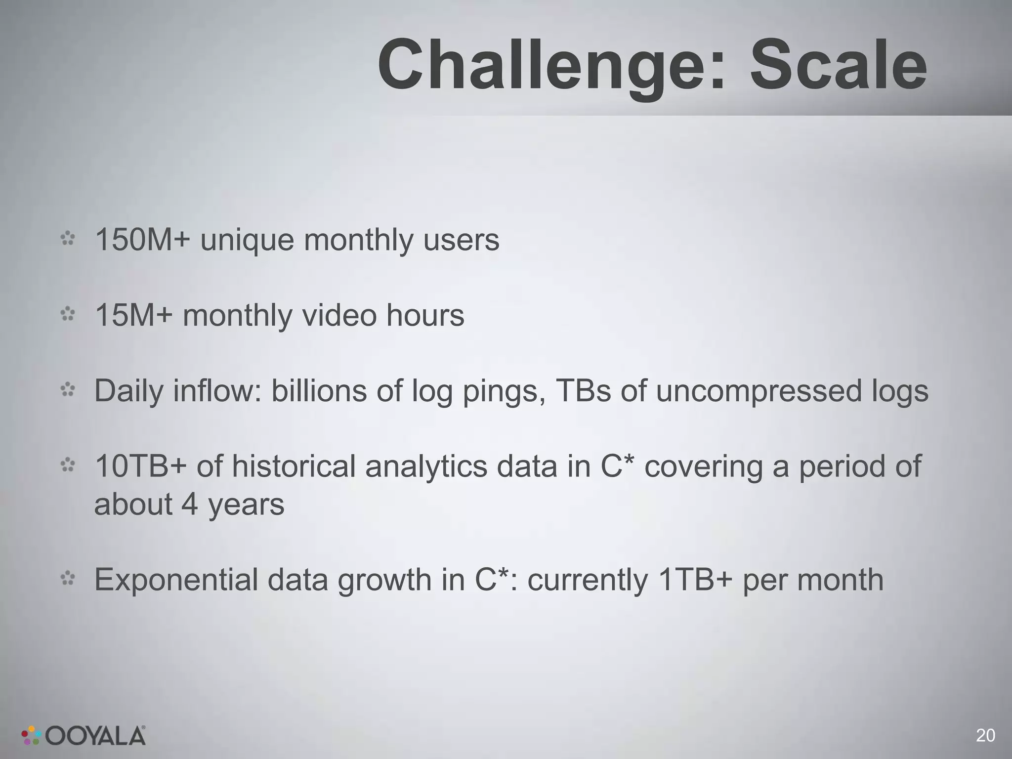 Challenge: Scale

150M+ unique monthly users

15M+ monthly video hours

Daily inflow: billions of log pings, TBs of uncompressed logs

10TB+ of historical analytics data in C* covering a period of
about 4 years

Exponential data growth in C*: currently 1TB+ per month



                                                                20
 