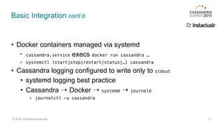 Basic Integration cont’d
• Docker containers managed via systemd
• cassandra.service execs docker run cassandra …
• systemctl [start|stop|restart|status|…] cassandra
• Cassandra logging configured to write only to stdout
• systemd logging best practice
• Cassandra ⇢ Docker ⇢ systemd ⇢ journald
• journalctl -u cassandra
13© 2015. All Rights Reserved.
 
