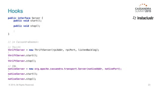 Hooks
public interface Server { 
public void start(); 
 
public void stop();
⋮ 
}
// in CassandraDaemon:
// Thrift 
thriftServer = new ThriftServer(rpcAddr, rpcPort, listenBacklog);
⋮ 
thriftServer.start();
⋮ 
thriftServer.stop();
 
// CQL 
nativeServer = new org.apache.cassandra.transport.Server(nativeAddr, nativePort);
⋮
nativeServer.start();
⋮
nativeServer.stop();
23© 2015. All Rights Reserved.
 