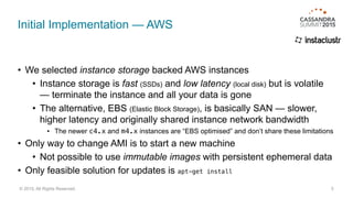Initial Implementation — AWS
• We selected instance storage backed AWS instances
• Instance storage is fast (SSDs) and low latency (local disk) but is volatile
— terminate the instance and all your data is gone
• The alternative, EBS (Elastic Block Storage), is basically SAN — slower,
higher latency and originally shared instance network bandwidth
• The newer c4.x and m4.x instances are “EBS optimised” and don’t share these limitations
• Only way to change AMI is to start a new machine
• Not possible to use immutable images with persistent ephemeral data
• Only feasible solution for updates is apt-get install
5© 2015. All Rights Reserved.
 