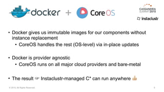 • Docker gives us immutable images for our components without
instance replacement
• CoreOS handles the rest (OS-level) via in-place updates
• Docker is provider agnostic
• CoreOS runs on all major cloud providers and bare-metal
• The result ☞ Instaclustr-managed C* can run anywhere #
9© 2015. All Rights Reserved.
+
 