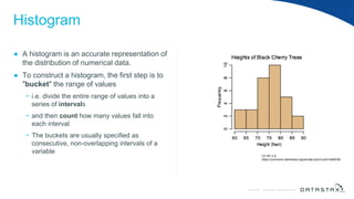 © DataStax, All Rights Reserved.ConfidentialConfidential © DataStax, All Rights Reserved.
Histogram
● A histogram is an accurate representation of
the distribution of numerical data.
● To construct a histogram, the first step is to
"bucket" the range of values
− i.e. divide the entire range of values into a
series of intervals
− and then count how many values fall into
each interval
− The buckets are usually specified as
consecutive, non-overlapping intervals of a
variable
CC BY 2.5,
https://commons.wikimedia.org/w/index.php?curid=3483039
 