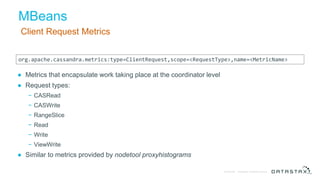 © DataStax, All Rights Reserved.Confidential
MBeans
Client Request Metrics
● Metrics that encapsulate work taking place at the coordinator level
● Request types:
− CASRead
− CASWrite
− RangeSlice
− Read
− Write
− ViewWrite
● Similar to metrics provided by nodetool proxyhistograms
org.apache.cassandra.metrics:type=ClientRequest,scope=<RequestType>,name=<MetricName>
 