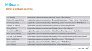 © DataStax, All Rights Reserved.Confidential
MBeans
Other database metrics
CQL Metrics org.apache.cassandra.metrics:type=CQL,name=<MetricName>
DroppedMessage Metrics org.apache.cassandra.metrics:type=DroppedMetrics,scope=<Type>,name=<MetricName>
Streaming Metrics org.apache.cassandra.metrics:type=Streaming,scope=<PeerIP>,name=<MetricName>
CommitLog Metrics org.apache.cassandra.metrics:type=CommitLog,name=<MetricName>
Storage Metrics org.apache.cassandra.metrics:type=Storage,name=<MetricName>
Hinted Handoff Metrics org.apache.cassandra.metrics:type=HintedHandoffManager,name=<MetricName>
Hints Service Metrics org.apache.cassandra.metrics:type=HintsService,name=<MetricName>
SSTable Index Metrics org.apache.cassandra.metrics:type=Index,scope=RowIndexEntry,name=<MetricName>
BufferPool Metrics org.apache.cassandra.metrics:type=BufferPool,name=<MetricName>
Client Metrics org.apache.cassandra.metrics:type=Client,name=<MetricName>
Batch Metrics org.apache.cassandra.metrics:type=Batch,name=<MetricName>
 