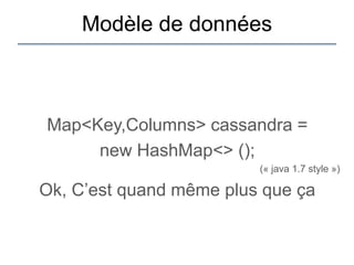 Modèle de données



Map<Key,Columns> cassandra =
     new HashMap<> ();
                         (« java 1.7 style »)

Ok, C‟est quand même plus que ça
 