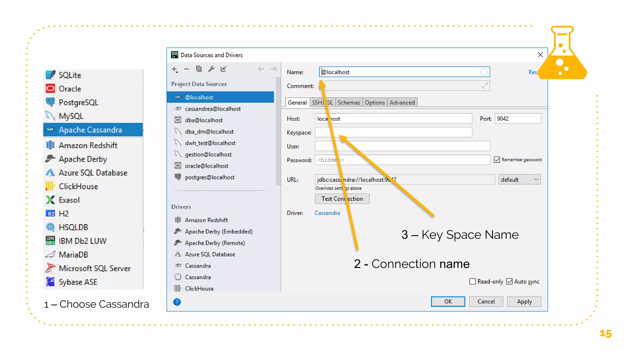 15
2 - Connection name
1 – Choose Cassandra
3 – Key Space Name
 