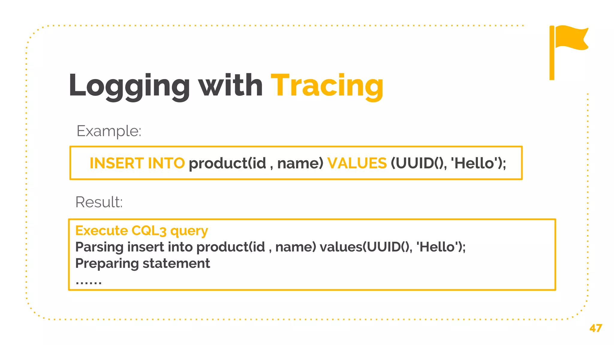 Logging with Tracing
47
INSERT INTO product(id , name) VALUES (UUID(), 'Hello');
Example:
Execute CQL3 query
Parsing insert into product(id , name) values(UUID(), 'Hello');
Preparing statement
……
Result:
 