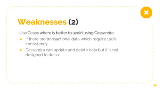 Weaknesses (2)
Use Cases where is better to avoid using Cassandra
● If there are transactional data which require 100%
consistency
● Cassandra can update and delete data but it is not
designed to do so
54
 