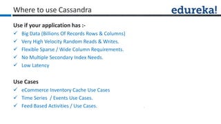 Use if your application has :-
 Big Data (Billions Of Records Rows & Columns)
 Very High Velocity Random Reads & Writes.
 Flexible Sparse / Wide Column Requirements.
 No Multiple Secondary Index Needs.
 Low Latency
Use Cases
 eCommerce Inventory Cache Use Cases
 Time Series / Events Use Cases.
 Feed Based Activities / Use Cases.
Where to use Cassandra
 