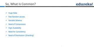 So, What Is Common?
 Huge Data
 Fast Random access
 Variable Schema
 Need of Compression
 High Availability
 Need for Consistency
 Need of Distribution (Sharding)
 