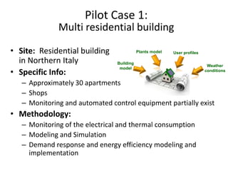 Pilot Case 1:
              Multi residential building

• Site: Residential building               Plants model   User profiles

  in Northern Italy             Building
                                                                           Weather
                                 model
• Specific Info:                                                          conditions


   – Approximately 30 apartments
   – Shops
   – Monitoring and automated control equipment partially exist
• Methodology:
   – Monitoring of the electrical and thermal consumption
   – Modeling and Simulation
   – Demand response and energy efficiency modeling and
     implementation
 