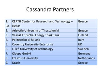 Cassandra Partners
1.   CERTH Center for Research and Technology –   Greece
Co   Hellas
2.   Aristotle University of Thessaloniki         Greece
3.   VaasaETT Global Energy Think Tank            Finland
4.   Politecnico di Milano                        Italy
5.   Coventry University Enterprise               UK
6.   Luleå University of Technology               Sweden
7.   Cleopa GmbH                                  Germany
8.   Erasmus University                           Netherlands
9.   Draxis                                       Greece
 
