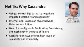Netflix: Why Cassandra
● Using a central SQL database negatively
impacted scalability and availability
● International Expansion required Multi-
Datacenter solution
● Need for configurable Replication, Consistency,
and Resiliency in the face of failure
● Cassandra on AWS offered high levels of
scalability and availability
Jason Brown,
Senior Software
Engineer at Netflix
 