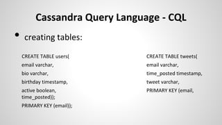 Cassandra Query Language - CQL
• creating tables:
CREATE TABLE users( CREATE TABLE tweets(
email varchar, email varchar,
bio varchar, time_posted timestamp,
birthday timestamp, tweet varchar,
active boolean, PRIMARY KEY (email,
time_posted));
PRIMARY KEY (email));
 