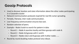 • Used to discover location and state information about the other nodes participating
in a Cassandra cluster
• Network Communication protocols inspired for real life rumor spreading.
• Periodic, Pairwise, inter-node communication.
• Low frequency communication ensures low cost.
• Random selection of peers.
• Example – Node A wish to search for pattern in data
– Round 1 – Node A searches locally and then gossips with node B.
– Round 2 – Node A,B gossips with C and D.
– Round 3 – Nodes A,B,C and D gossips with 4 other nodes ……
• Round by round doubling makes protocol very robust.
Gossip Protocols
 