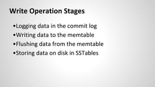 Write Operation Stages
•Logging data in the commit log
•Writing data to the memtable
•Flushing data from the memtable
•Storing data on disk in SSTables
 