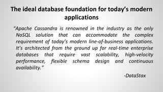 The ideal database foundation for today’s modern
applications
“Apache Cassandra is renowned in the industry as the only
NoSQL solution that can accommodate the complex
requirement of today’s modern line-of-business applications.
It’s architected from the ground up for real-time enterprise
databases that require vast scalability, high-velocity
performance, flexible schema design and continuous
availability.”
-DataStax
 