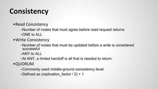 Consistency
•Read Consistency
–Number of nodes that must agree before read request returns
–ONE to ALL
•Write Consistency
–Number of nodes that must be updated before a write is considered
successful
–ANY to ALL
–At ANY, a hinted handoff is all that is needed to return.
•QUORUM
–Commonly used middle-ground consistency level
–Defined as (replication_factor / 2) + 1
 