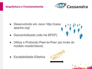 Arquitetura e Funcionamento
● Desenvolvido em Java: http://cassandra.
apache.org/
● Descentralizado (não há SPOF)
● Utiliza o Protocolo Peer-to-Peer (ao invés do
modelo master/slave)
● Escalabilidade Elástica
 