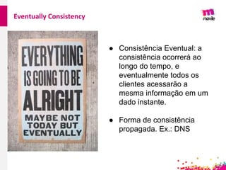 Eventually Consistency
● Consistência Eventual: a
consistência ocorrerá ao
longo do tempo, e
eventualmente todos os
clientes acessarão a
mesma informação em um
dado instante.
● Forma de consistência
propagada. Ex.: DNS
 