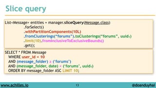 Slice query 
List<Message> entities = manager.sliceQuery(Message.class) 
.forSelect() 
.withPartitionComponents(10L) 
.fromClusterings(“forums”).toClusterings(“forums”, uuid1) 
.limit(10).fromInclusiveToExclusiveBounds() 
.get(); 
SELECT * FROM Message 
WHERE user_id = 10 
AND (message_folder) ≥ (‘forums’) 
AND (message_folder, date) < (‘forums’, uuid1) 
ORDER BY message_folder ASC LIMIT 10; 
www.achilles.io 13 
@doanduyhai 
 