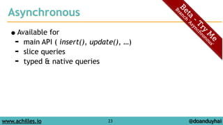 Asynchronous 
•Available for 
➡ main API ( insert(), update(), …) 
➡ slice queries 
➡ typed & native queries 
www.achilles.io 23 
@doanduyhai 
 