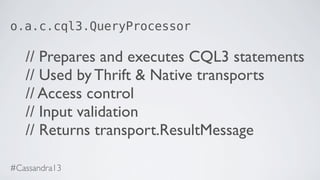 o.a.c.cql3.QueryProcessor
// Prepares and executes CQL3 statements
// Used by Thrift & Native transports
// Access control
// Input validation
// Returns transport.ResultMessage
#Cassandra13
 