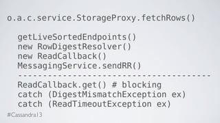 o.a.c.service.StorageProxy.fetchRows()
getLiveSortedEndpoints()
new RowDigestResolver()
new ReadCallback()
MessagingService.sendRR()
---------------------------------------
ReadCallback.get() # blocking
catch (DigestMismatchException ex)
catch (ReadTimeoutException ex)
#Cassandra13
 