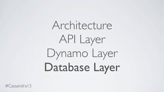 Architecture
API Layer
Dynamo Layer
Database Layer
#Cassandra13
 