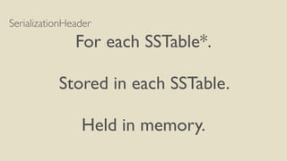 SerializationHeader
For each SSTable*.
Stored in each SSTable.
Held in memory.
 